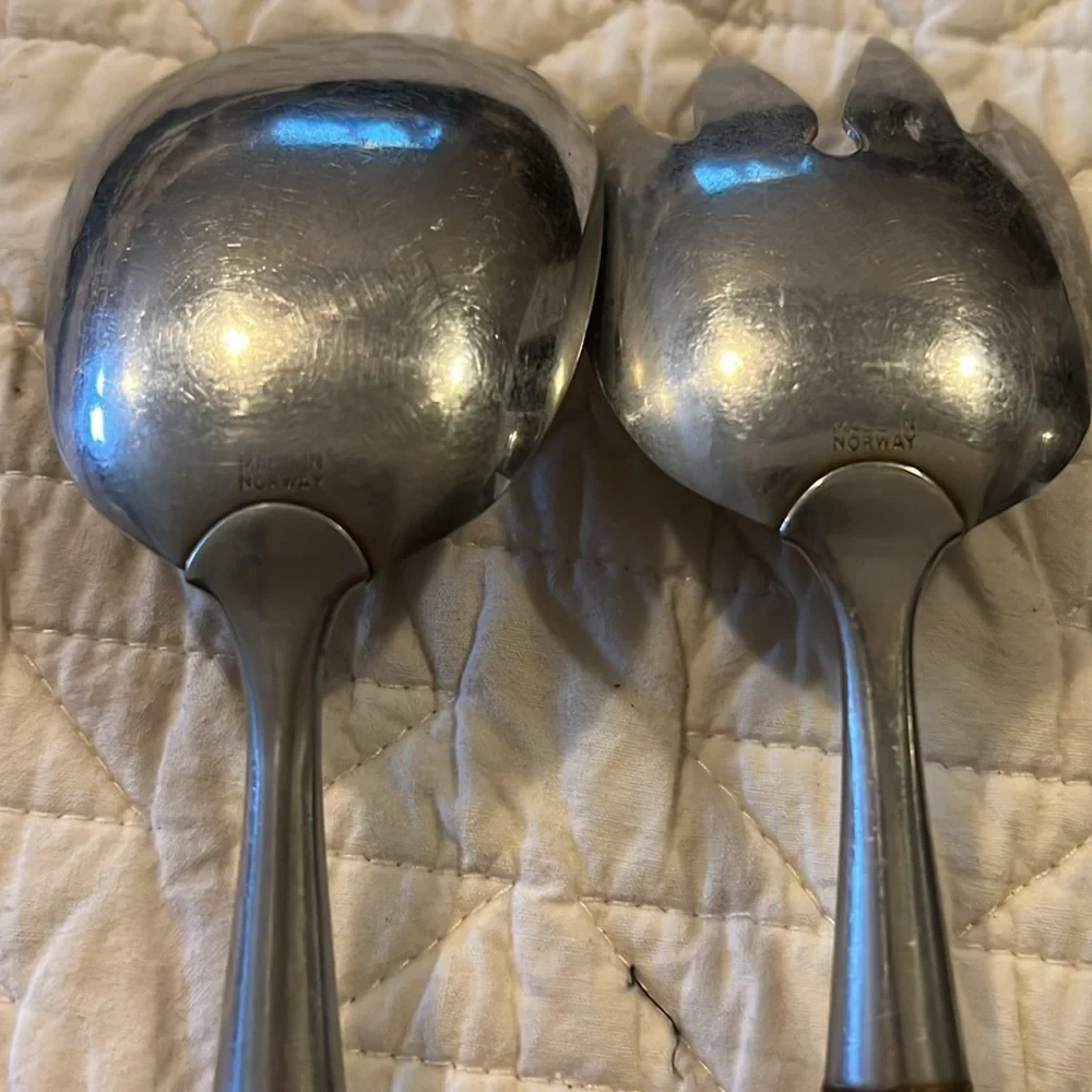 MCM Norway Teak Elegant Silver and Brown Salad Server Set